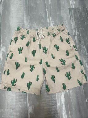 Men’s Beige Cactus Print Drawstring Shorts